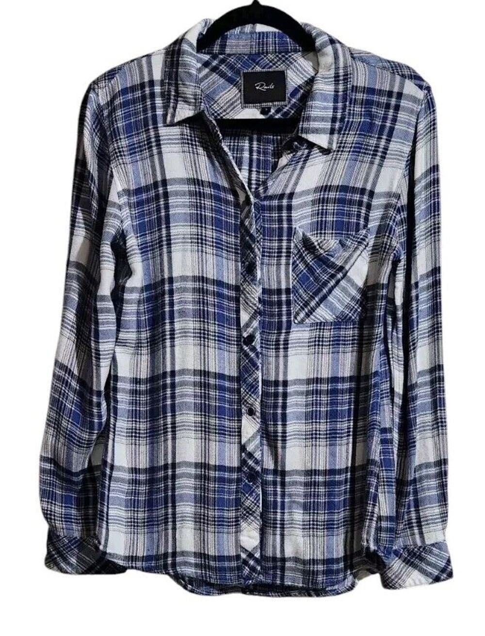 Rails Hunter Plaid Flannel Shirt Small Blue White Long Sleeve Soft Pocket Button